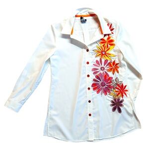 BEREK ~ White Long Sleeve Shirt/Shirt Dress w/Orange/Purple Embroidery Sequins